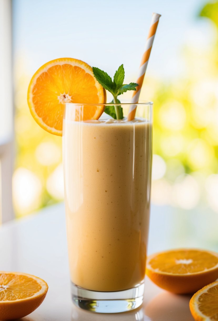 A tall glass filled with a creamy orange smoothie topped with a slice of fresh orange and a sprig of mint, set against a bright, sunny backdrop