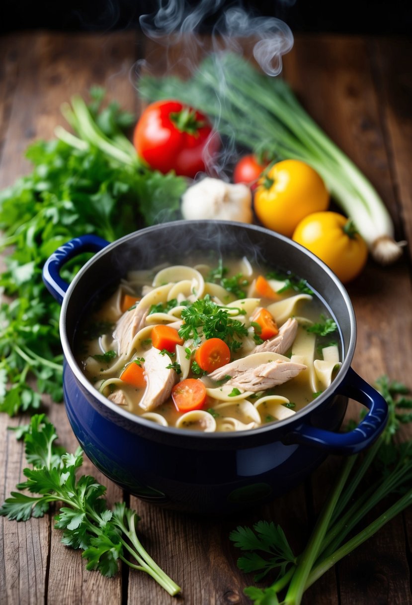 A steaming pot of chicken noodle soup surrounded by fresh vegetables and herbs on a rustic wooden table