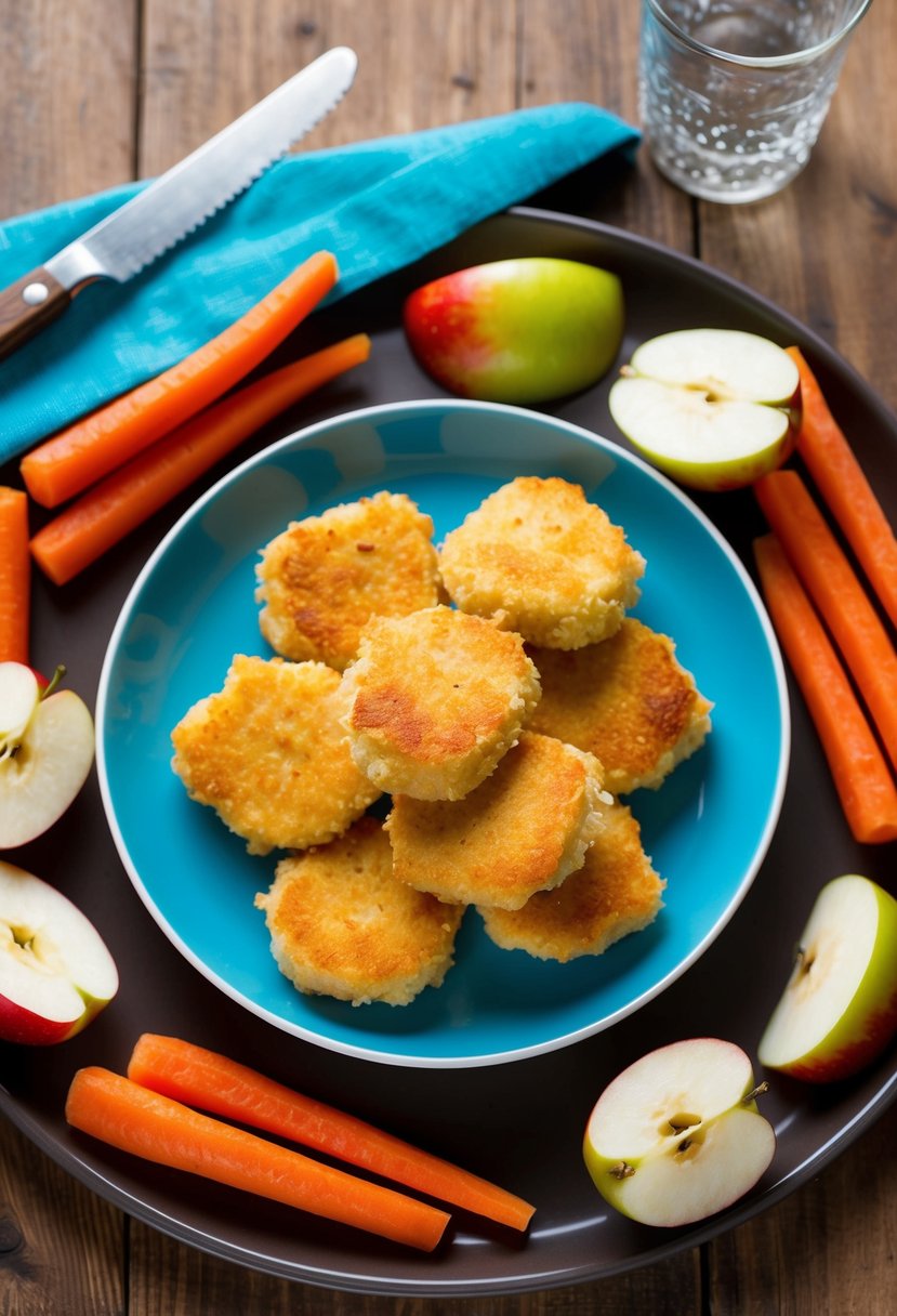 A plate of golden-brown homemade chicken nuggets surrounded by colorful, kid-friendly sides like carrot sticks and apple slices