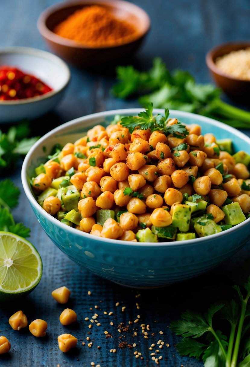 A colorful bowl of chickpea salad surrounded by fresh ingredients and spices