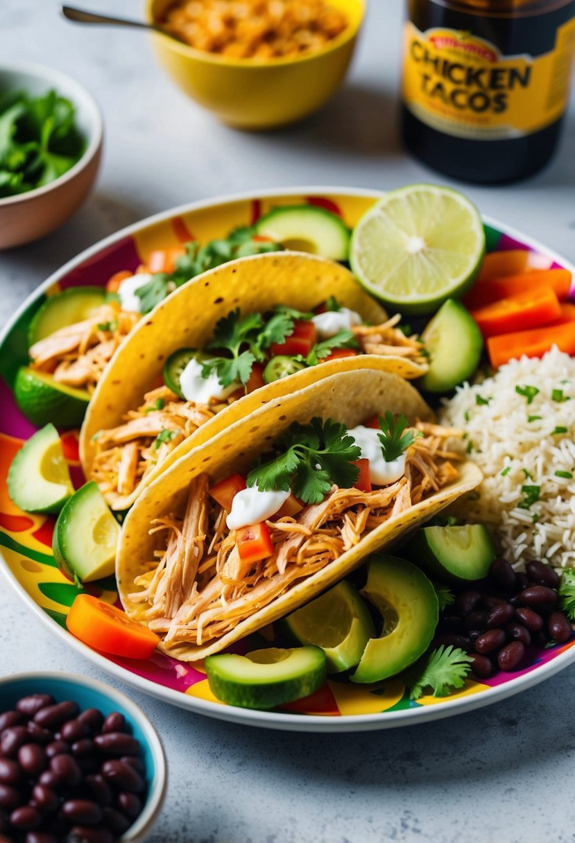 A colorful plate of shredded chicken tacos surrounded by fresh vegetables and accompanied by a side of rice and beans