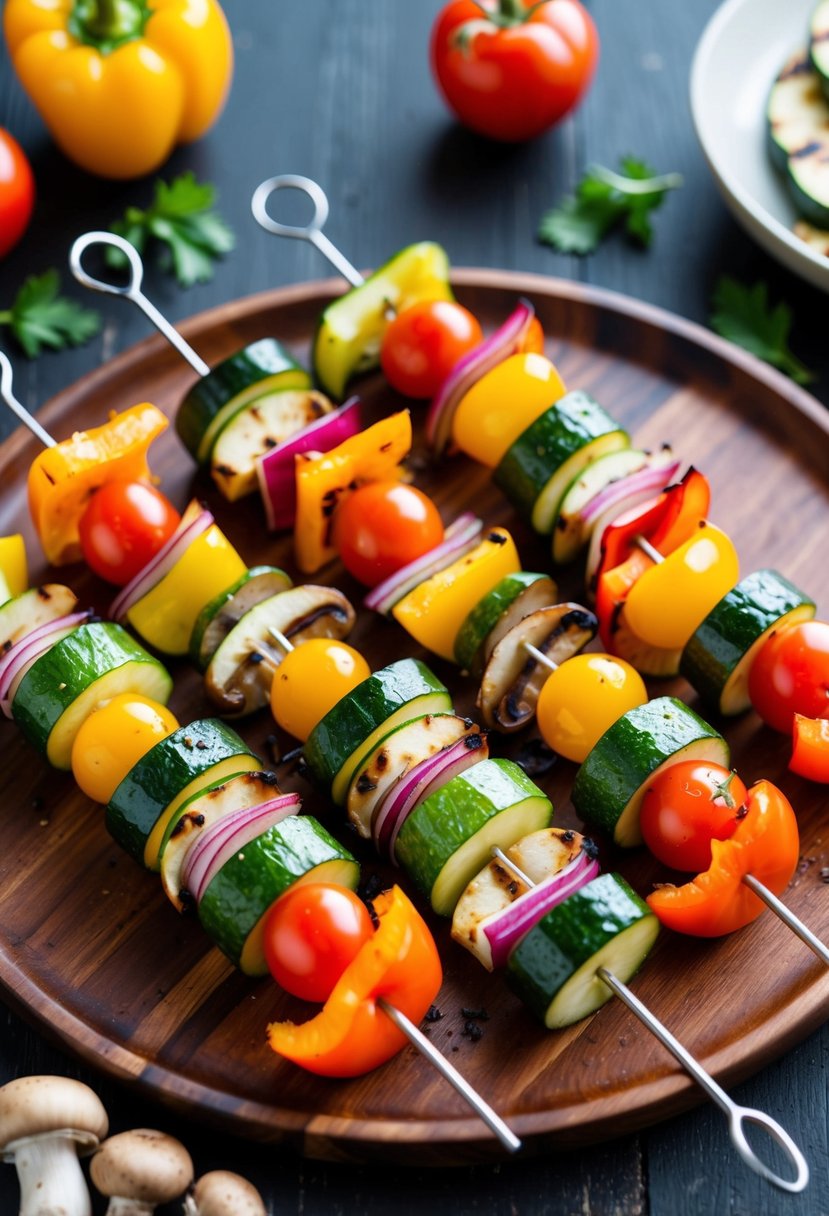 Freshly grilled vegetable skewers arranged on a wooden platter with colorful bell peppers, zucchini, mushrooms, and cherry tomatoes