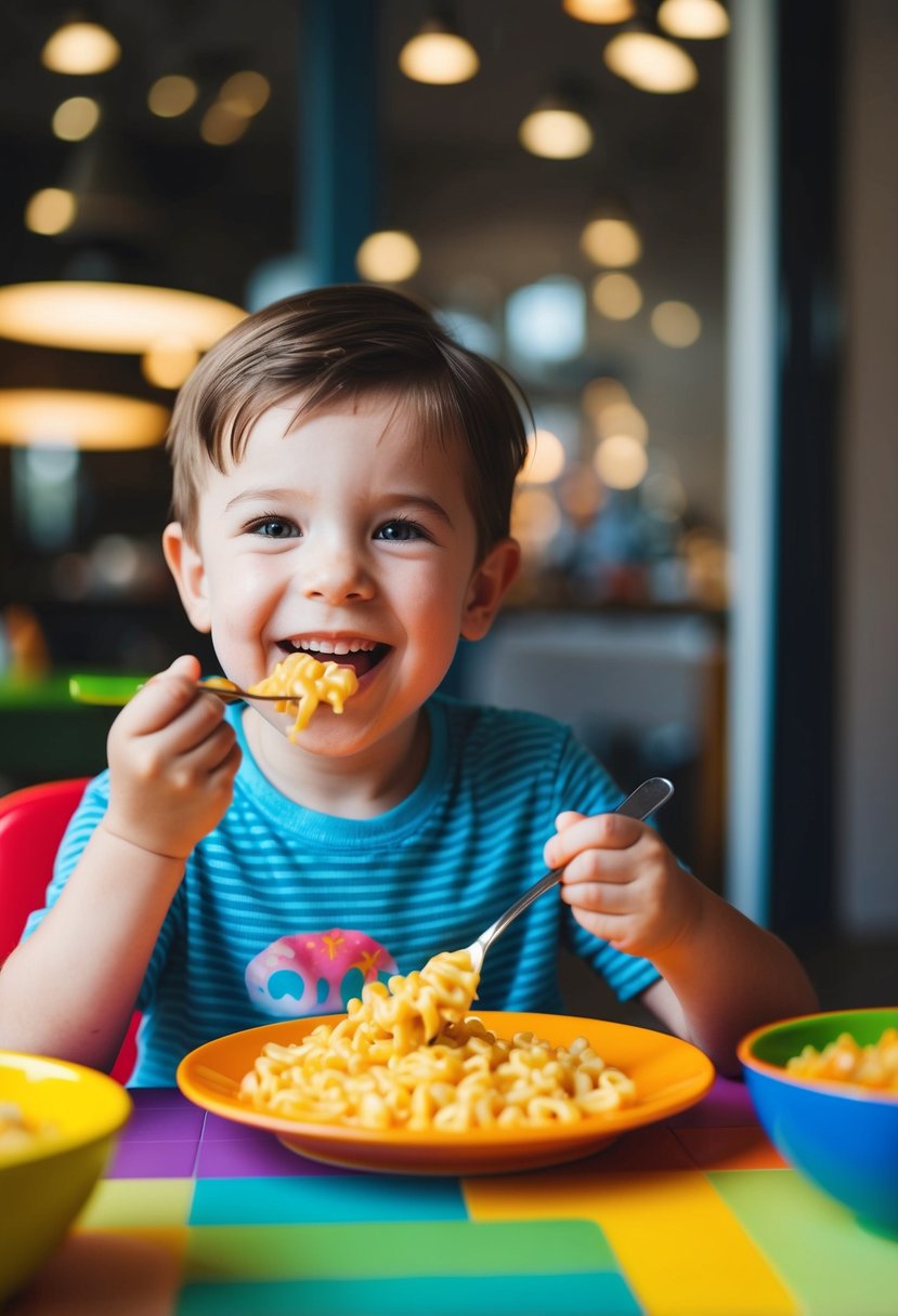 A child happily eating mac and cheese at a colorful dinner table with a big smile on their face