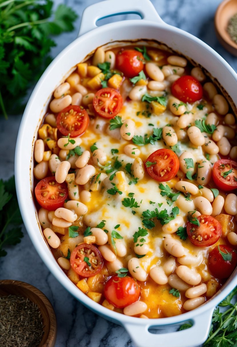 A colorful array of white beans, tomatoes, and melted cheese bubbling in a casserole dish, surrounded by fresh herbs and spices