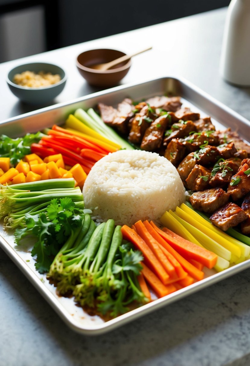 A sheet pan filled with colorful and neatly arranged ingredients for Bibimbap, including rice, vegetables, and marinated meat, ready for roasting