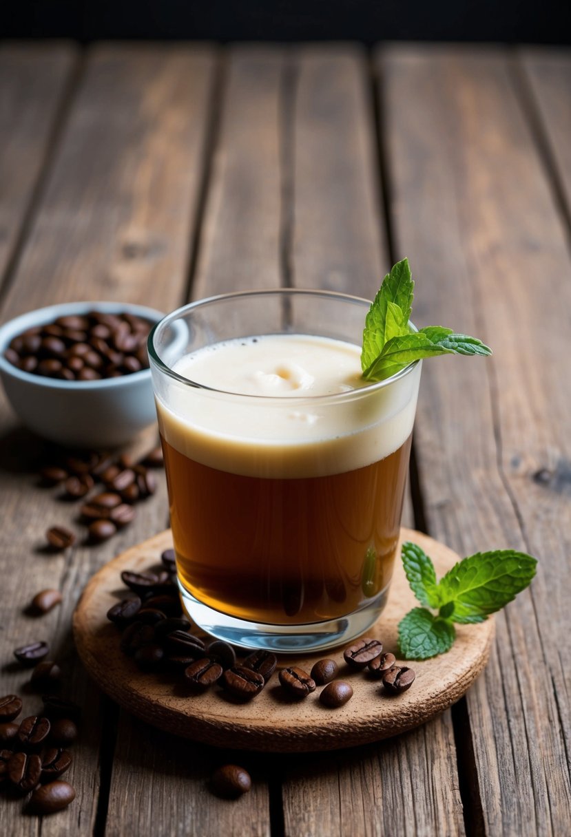 A glass of Vanilla Sweet Cream Cold Brew sits on a rustic wooden table, surrounded by fresh coffee beans and a sprig of mint