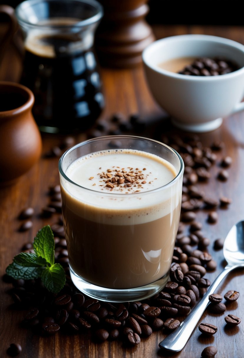 A glass of almond milk cold brew latte surrounded by coffee beans and a sprig of mint on a wooden table