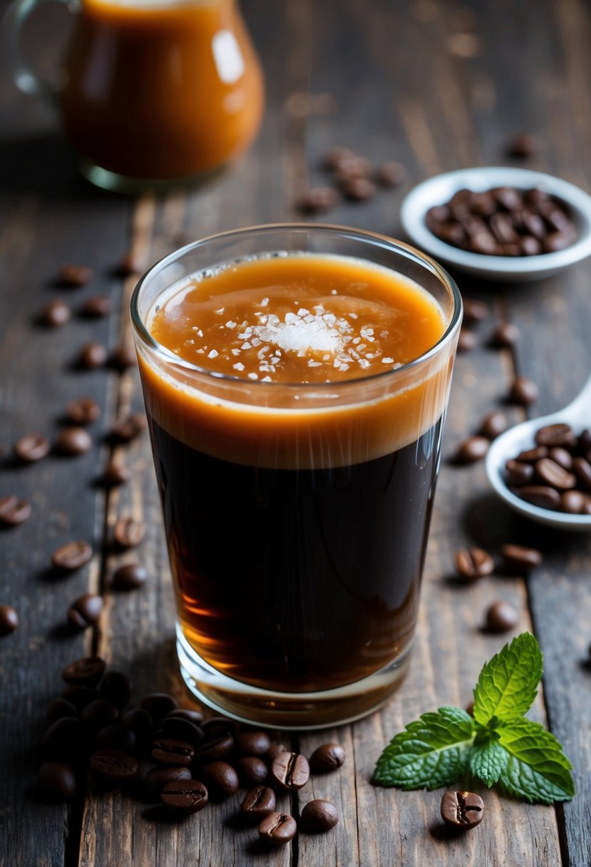 A glass of Salted Caramel Cold Brew sits on a rustic wooden table, surrounded by scattered coffee beans and a sprig of fresh mint