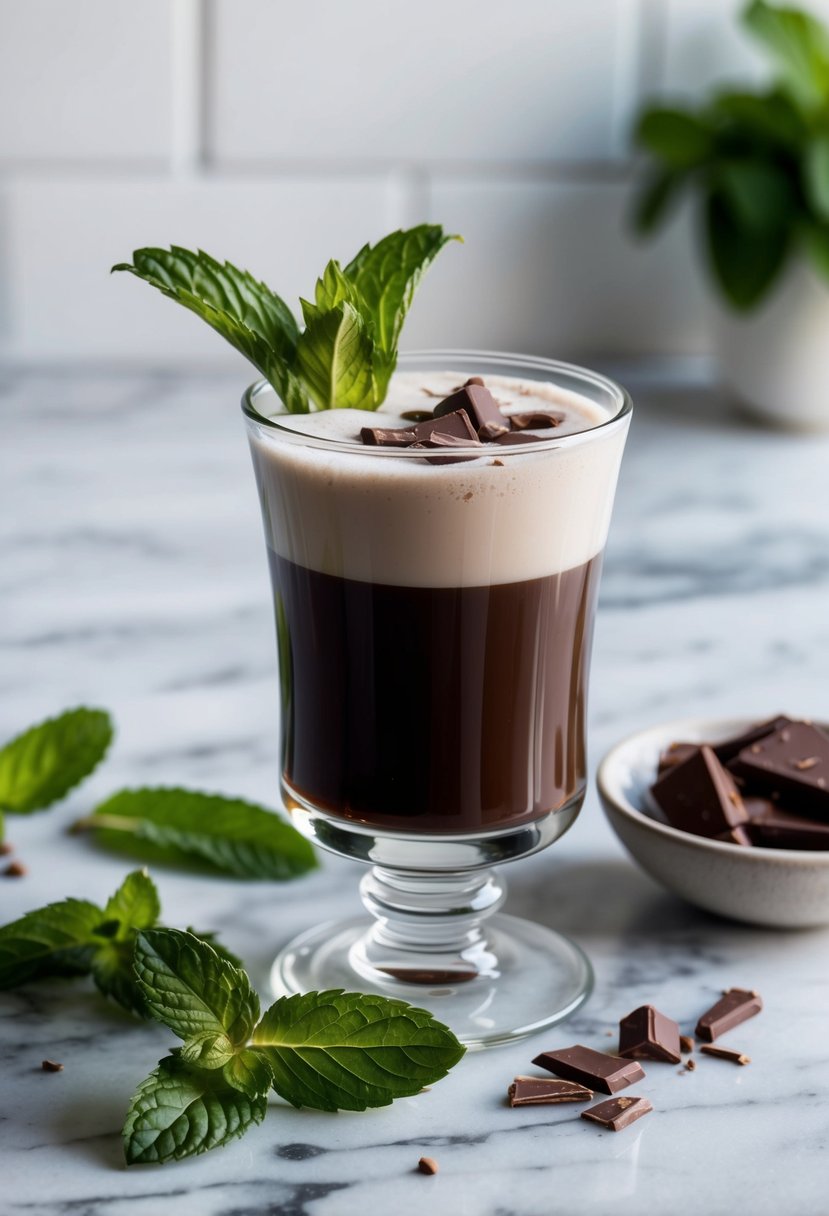 A glass of mint chocolate cold brew sits on a marble countertop, surrounded by fresh mint leaves and chocolate shavings