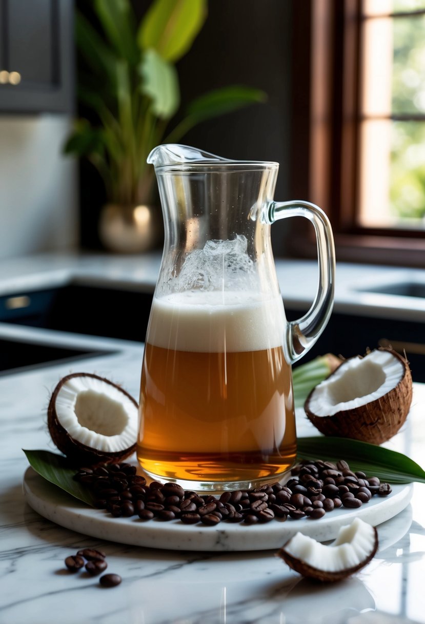 A glass pitcher filled with coconut water cold brew sits on a marble countertop, surrounded by fresh coconut pieces and coffee beans