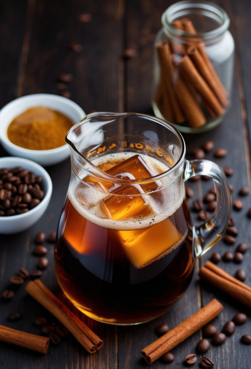 A glass pitcher filled with honey cinnamon cold brew surrounded by fresh cinnamon sticks and a scattering of coffee beans