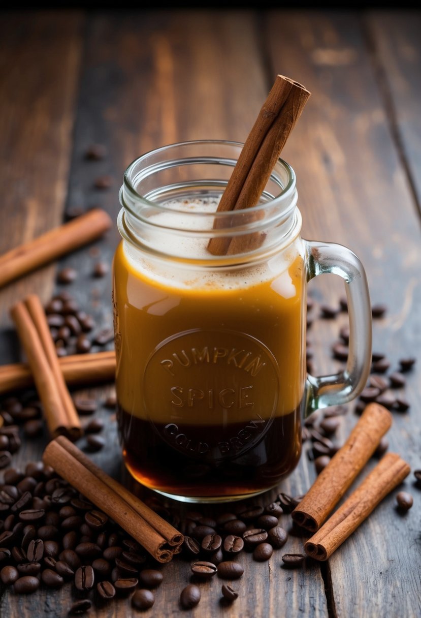 A mason jar filled with Pumpkin Spice Cold Brew surrounded by cinnamon sticks, whole cloves, and a scattering of coffee beans on a wooden table