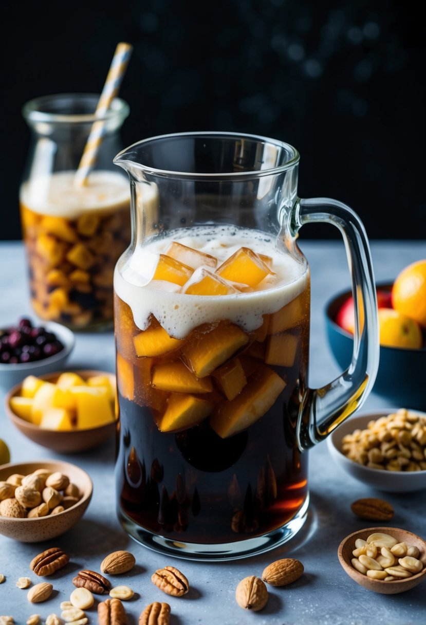 A glass pitcher filled with iced protein cold brew, surrounded by fresh ingredients like fruits and nuts