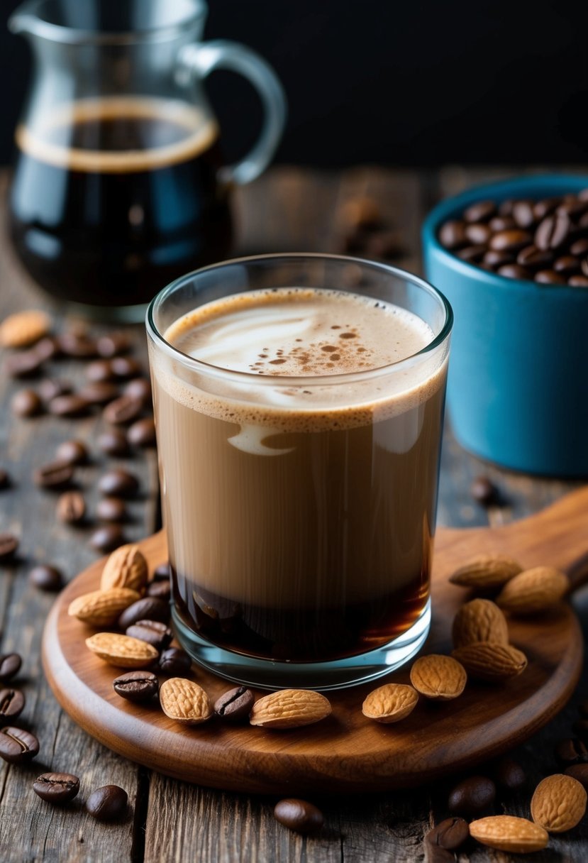 A glass of mocha almond cold brew surrounded by coffee beans and almond slices on a rustic wooden table