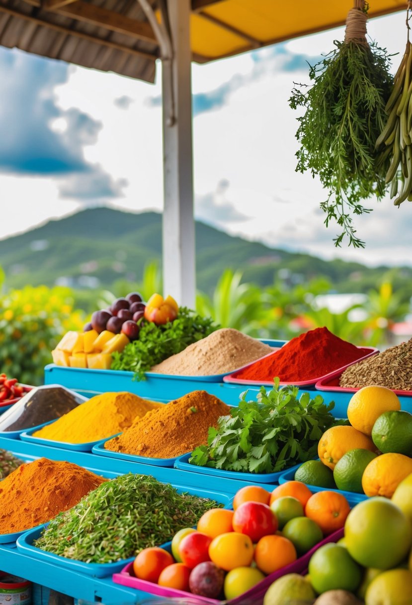 A vibrant market stall with colorful spices, fresh herbs, and exotic fruits, set against a backdrop of lush Jamaican scenery