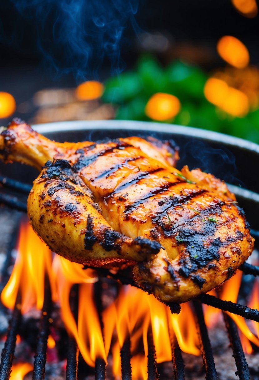 A sizzling Jamaican Jerk Chicken grilling over open flames, surrounded by vibrant spices and herbs