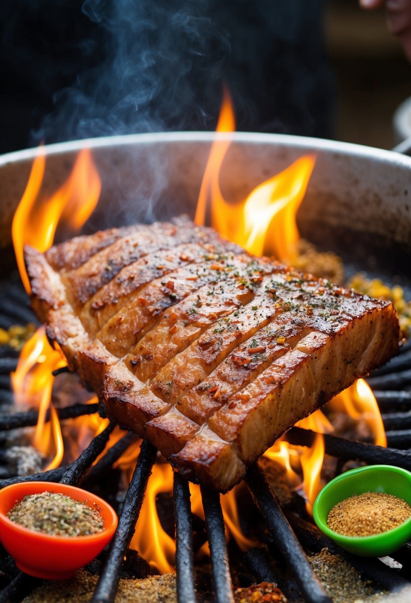 A sizzling slab of jerk pork belly cooks over an open flame, surrounded by traditional Jamaican spices and seasonings