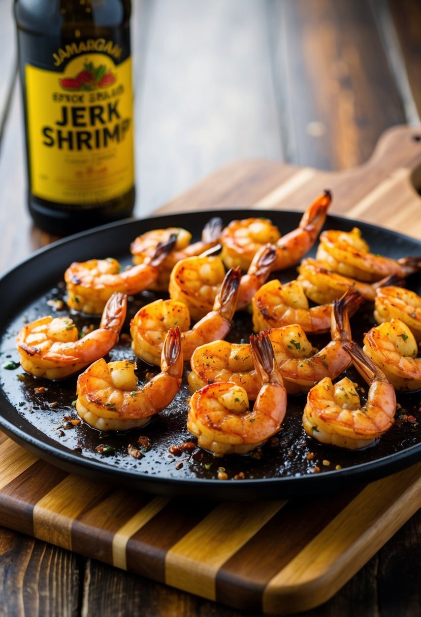 A platter of sizzling, spicy grilled jerk shrimp with Jamaican seasoning