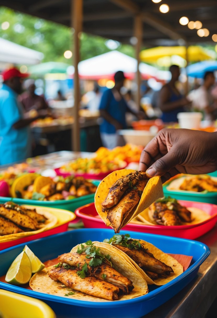 A vibrant outdoor market with colorful stalls selling traditional Jamaican jerk fish tacos. The air is filled with the aroma of sizzling fish and spicy seasonings