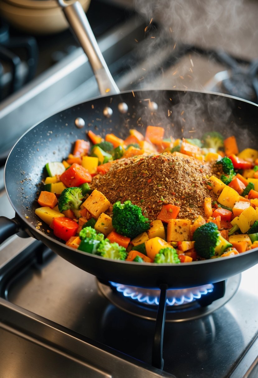 A sizzling wok filled with colorful vegetables and aromatic spices, emanating the flavors of Jamaican jerk seasoning