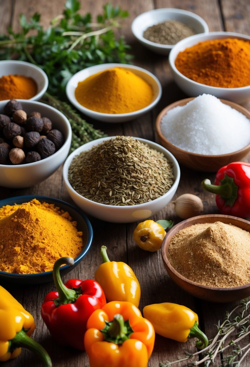 A vibrant array of whole and ground spices, including allspice, thyme, and scotch bonnet peppers, arranged on a rustic wooden table