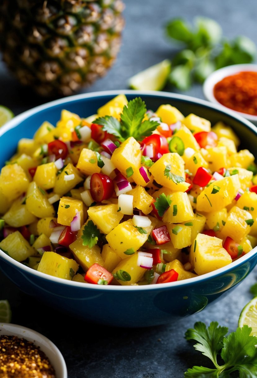 A bowl of vibrant pineapple salsa surrounded by jerk spices and fresh ingredients