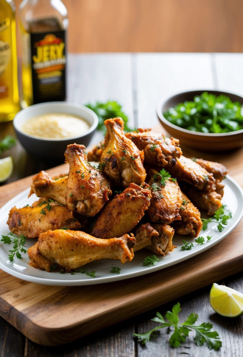 A platter of smoked jerk turkey wings with Jamaican spices and herbs on a wooden cutting board