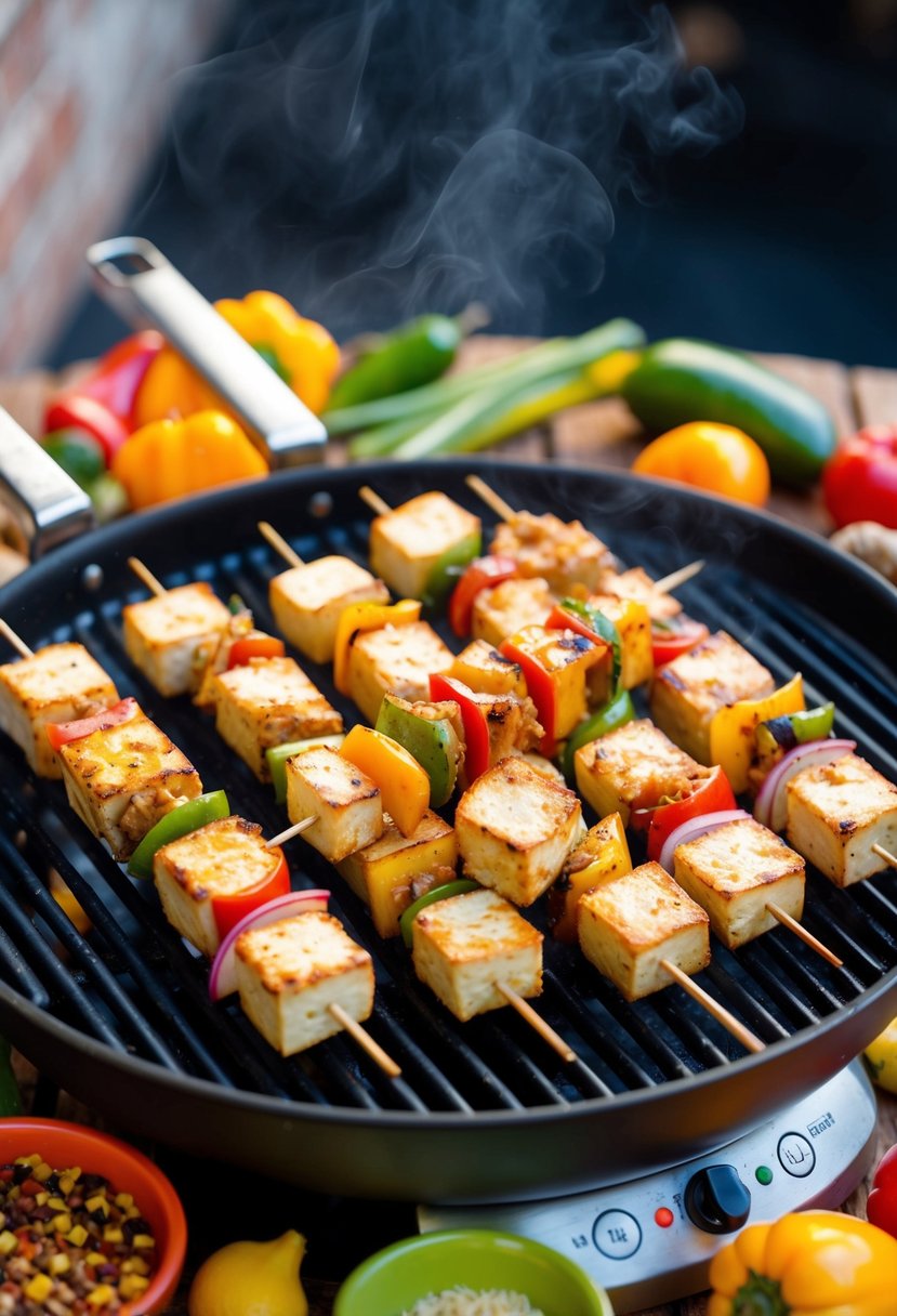 A sizzling grill with skewers of marinated tofu, surrounded by vibrant Jamaican spices and ingredients