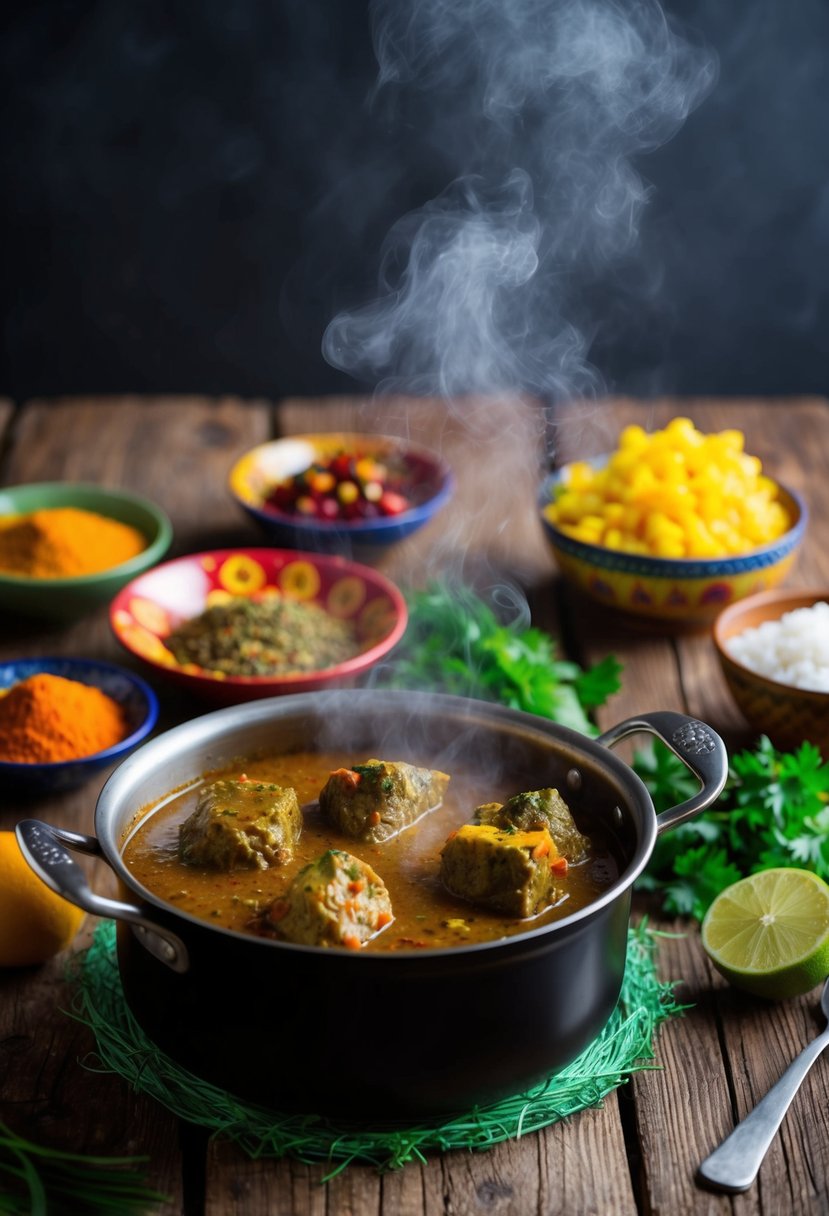 A steaming pot of Caribbean jerk curry simmers on a rustic wooden table, surrounded by vibrant spices and fresh ingredients from Jamaica