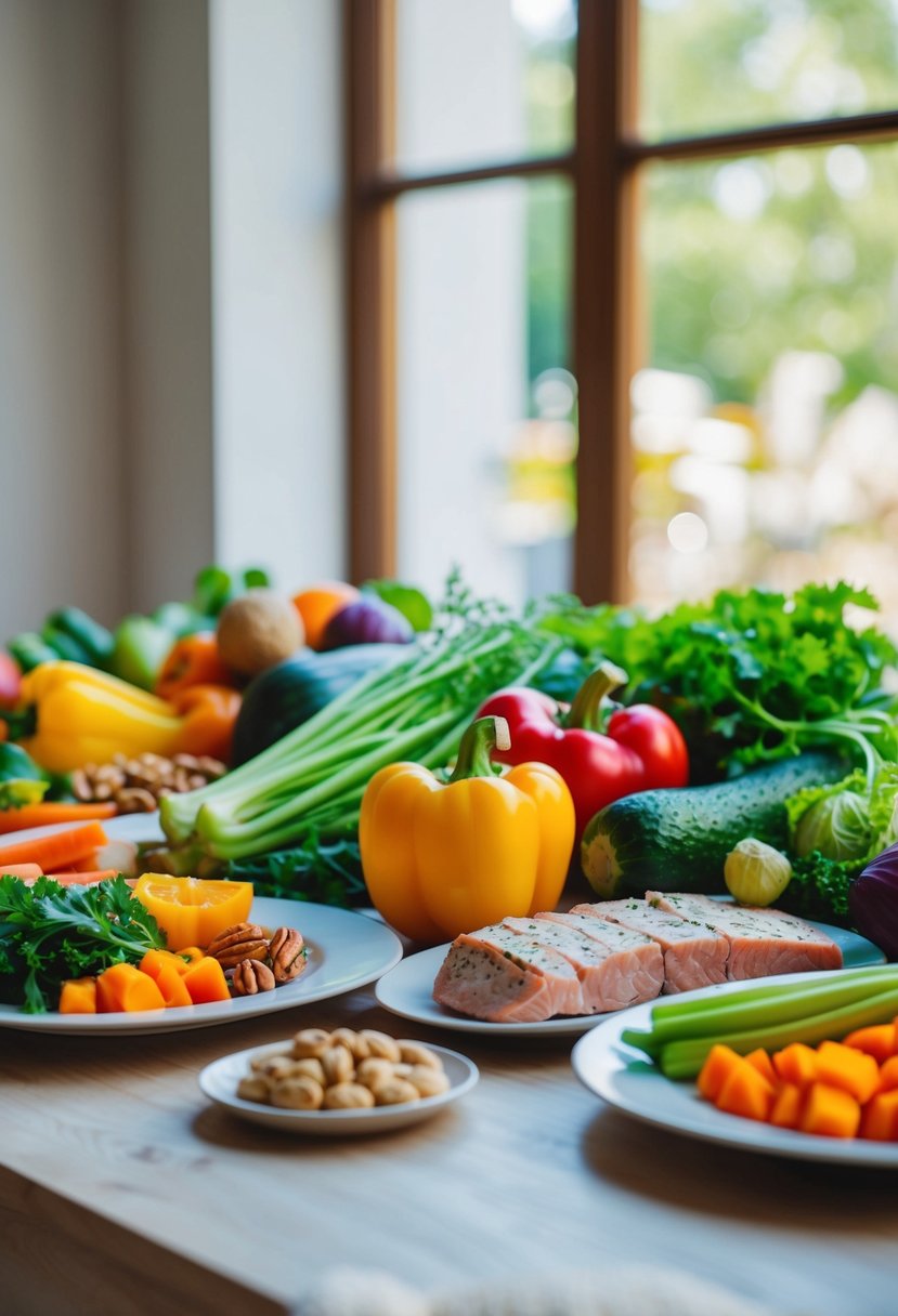 A table set with colorful, fresh vegetables, nuts, and lean proteins, with a soft, natural light filtering through a window