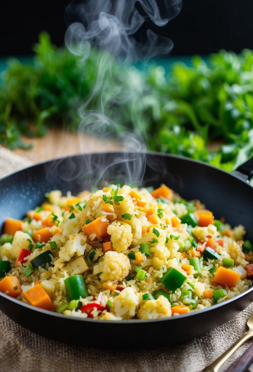 A sizzling skillet with colorful vegetables and cauliflower rice, steam rising, set against a backdrop of vibrant green herbs and spices