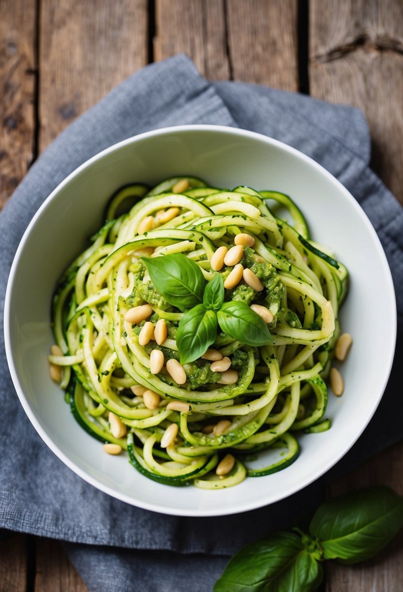 A bowl of zucchini noodles with pesto sauce, garnished with pine nuts and fresh basil, set on a rustic wooden table