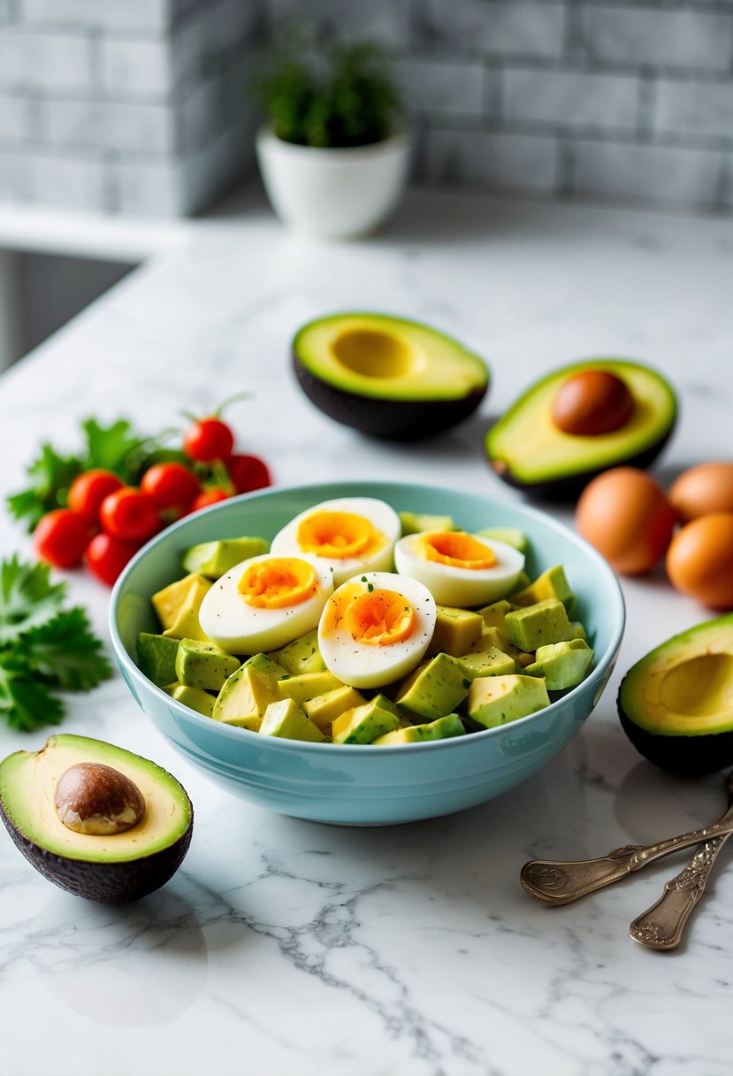 A bowl of avocado egg salad surrounded by colorful low carb ingredients on a clean, white marble countertop