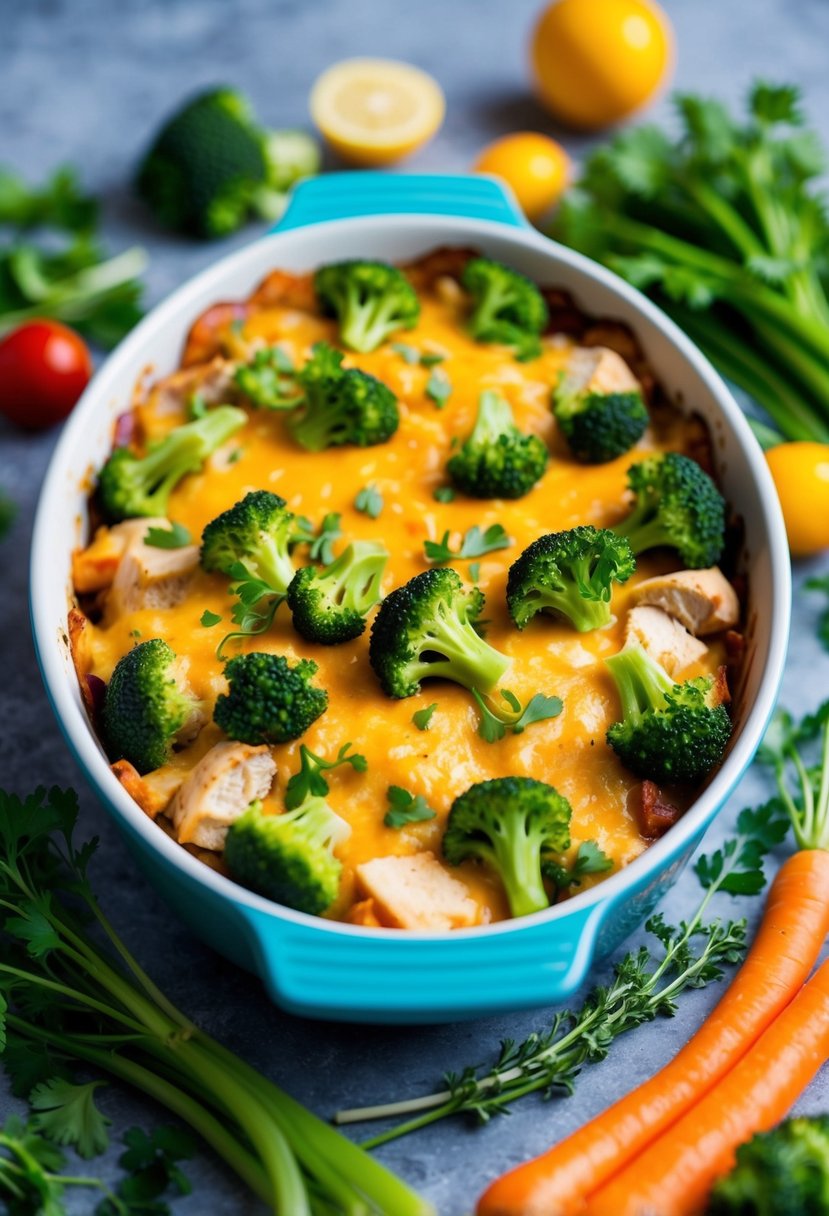 A colorful casserole dish filled with chicken, broccoli, and cheese, surrounded by vibrant low-carb vegetables and herbs