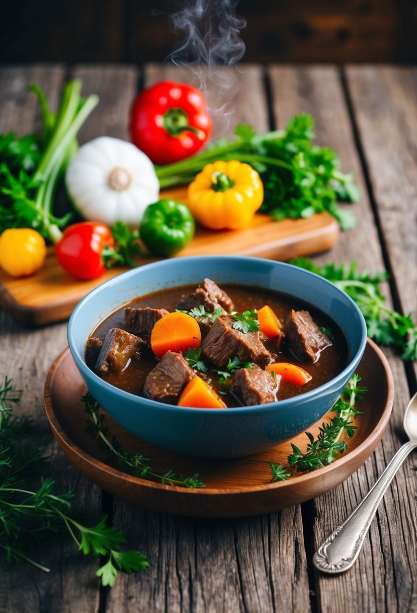 A rustic wooden table with a steaming bowl of keto beef stew, surrounded by colorful low-carb vegetables and herbs