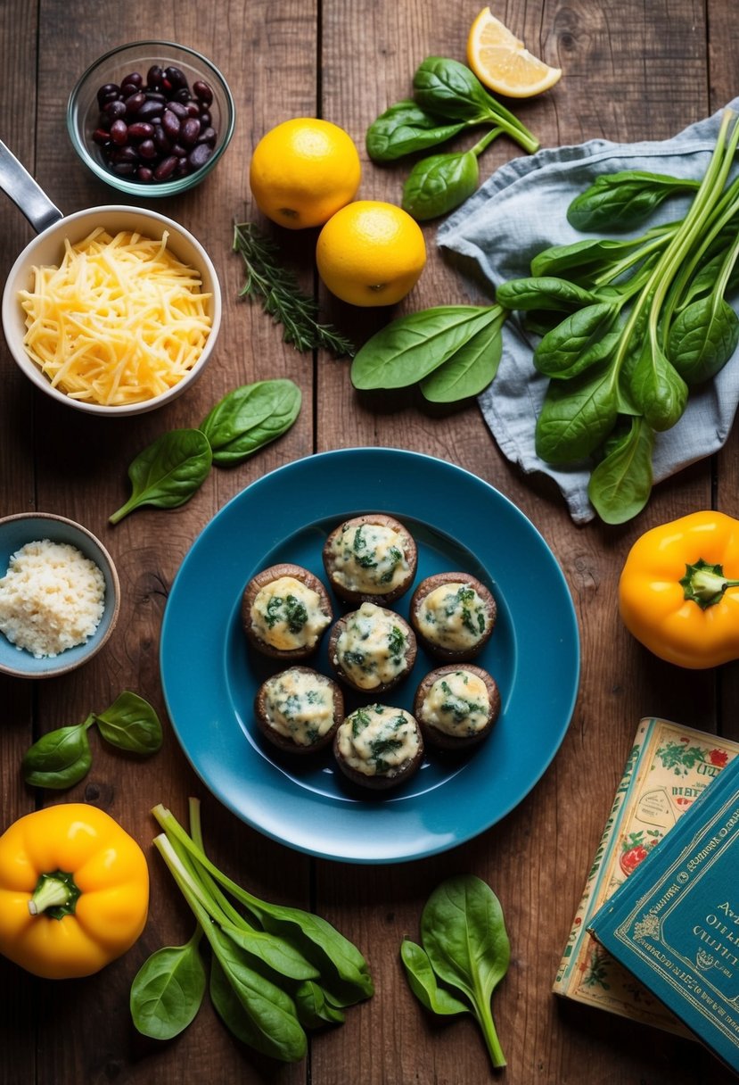 A rustic wooden table set with a plate of spinach and cheese stuffed mushrooms, surrounded by fresh ingredients and a vintage cookbook