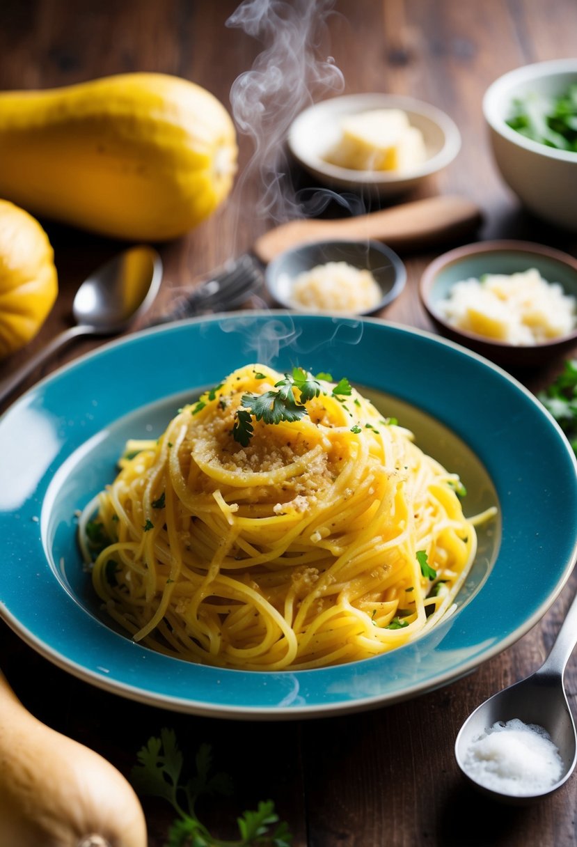 A steaming plate of spaghetti squash carbonara surrounded by fresh ingredients and kitchen utensils, with a warm and inviting aesthetic