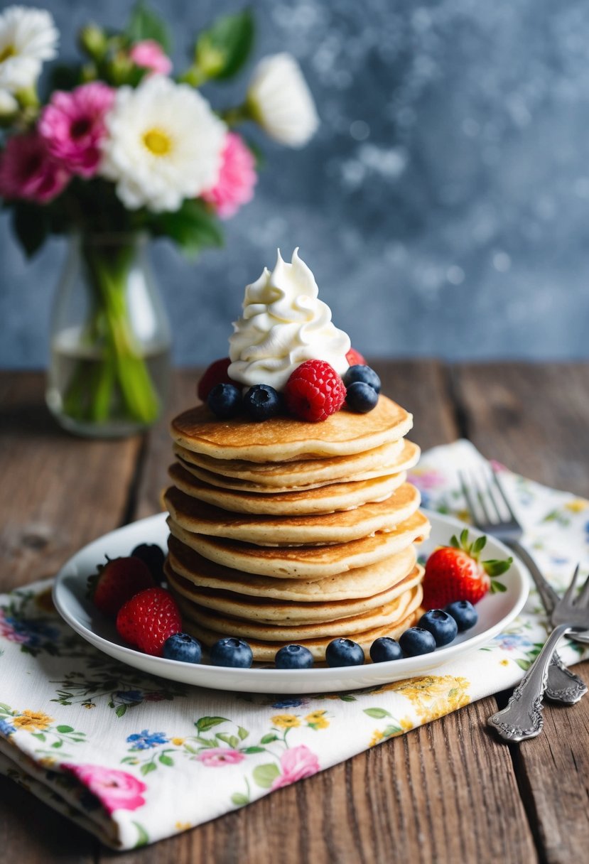 A stack of almond flour pancakes surrounded by fresh berries and a dollop of whipped cream, set against a backdrop of a rustic wooden table and a vintage floral tablecloth