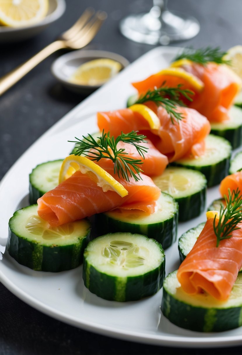 A plate of cucumber slices topped with smoked salmon, garnished with dill and lemon zest, arranged in an elegant and appetizing display