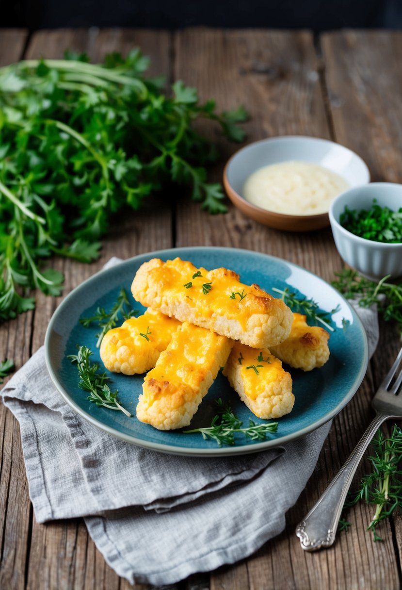 A rustic wooden table set with a plate of golden-brown cheesy cauliflower breadsticks, surrounded by fresh herbs and a vintage linen napkin