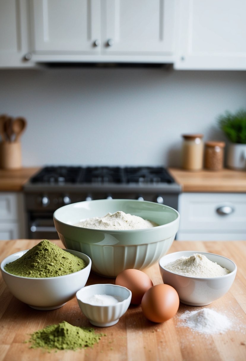 A kitchen counter with ingredients for matcha pound cake, including matcha powder, flour, sugar, eggs, and a mixing bowl