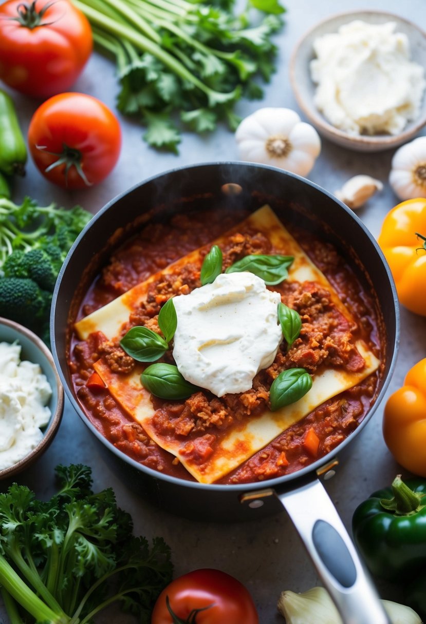 Fresh vegetables arranged around a bubbling pot of tomato sauce, with a layering of lasagna sheets and creamy ricotta cheese