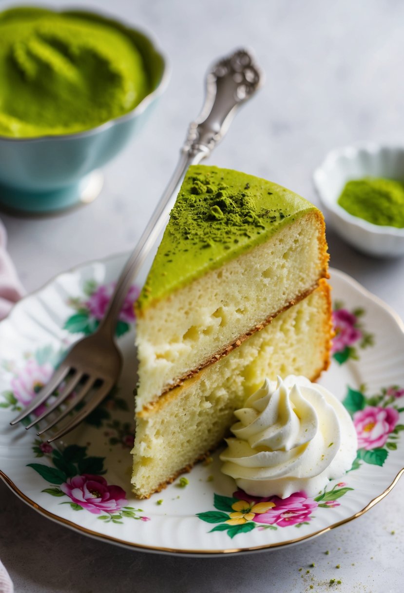 A slice of matcha pound cake on a vintage floral plate with a dollop of whipped cream and a sprinkling of matcha powder