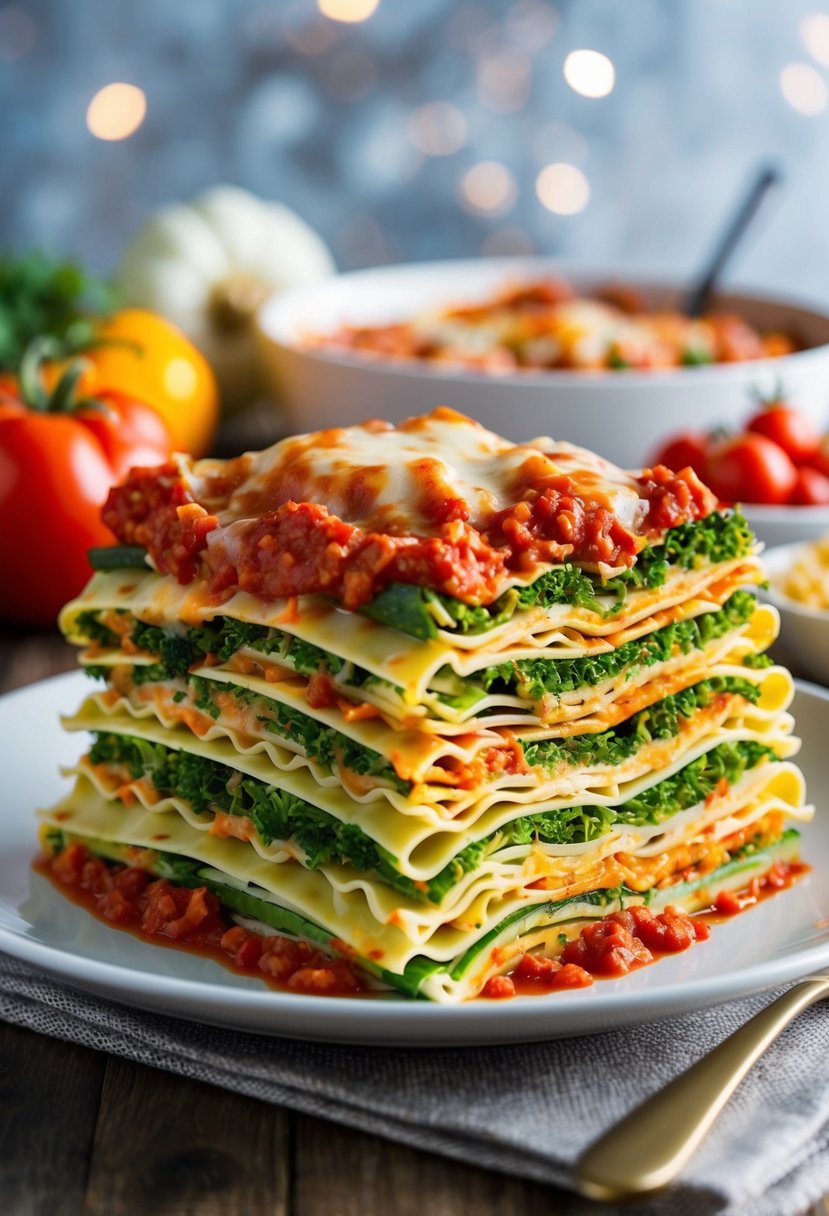 A colorful array of sliced vegetables layered between sheets of lasagna noodles, topped with a rich tomato sauce and melted cheese