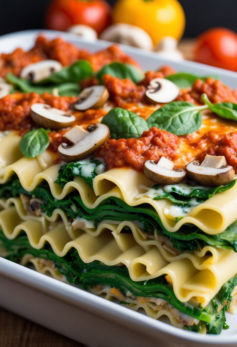 A colorful array of fresh spinach and sliced mushrooms layered between sheets of lasagna noodles, topped with a rich tomato sauce and melted cheese