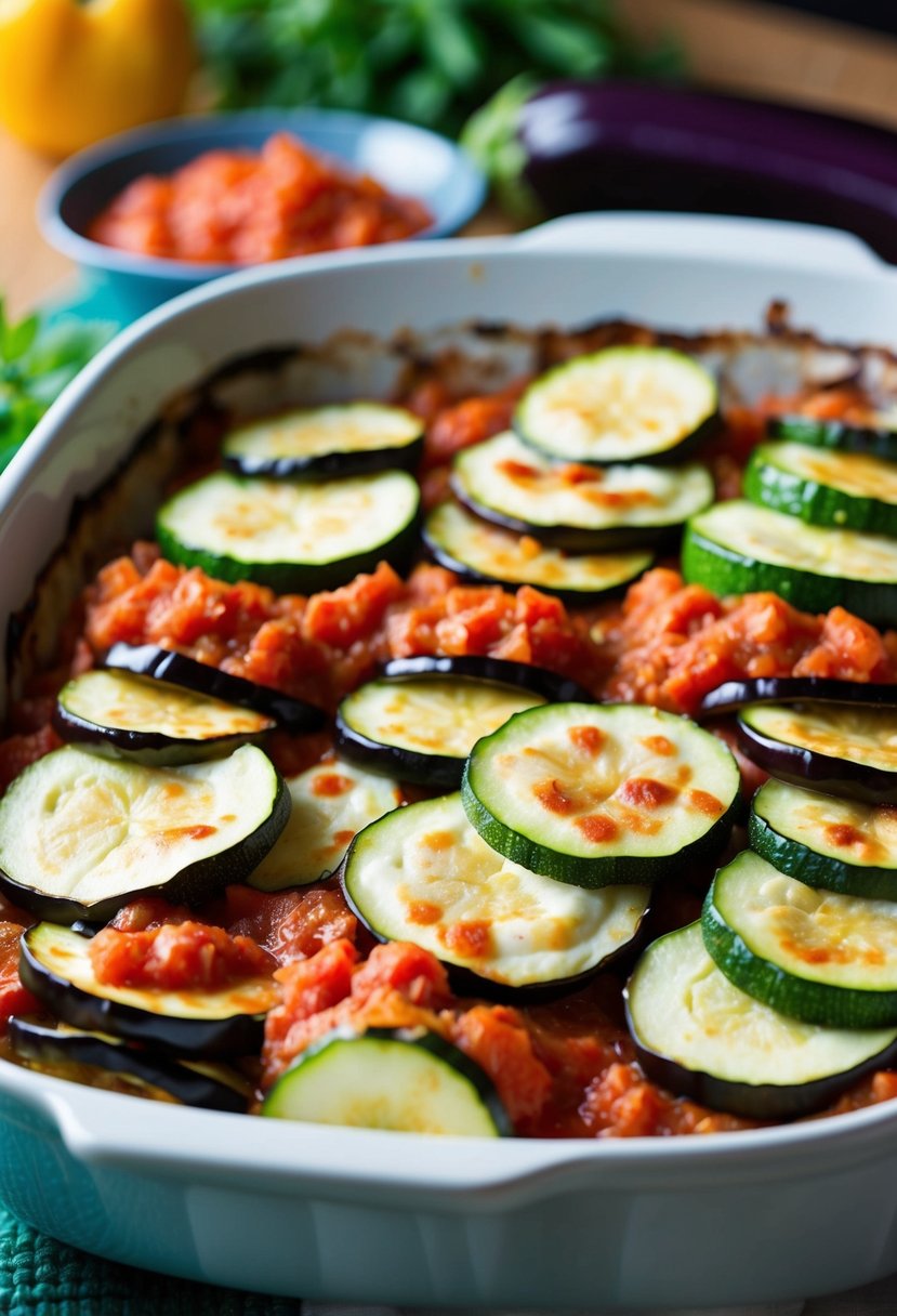 A colorful array of sliced zucchini and eggplant layered with rich tomato sauce and creamy cheese, nestled in a baking dish