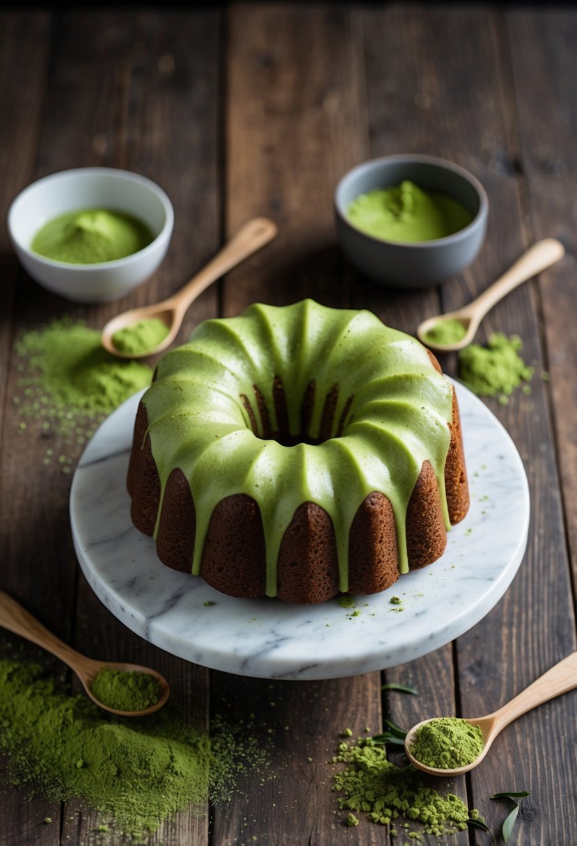 A fresh-baked matcha marble pound cake sits on a rustic wooden table, surrounded by scattered matcha powder and a few loose tea leaves