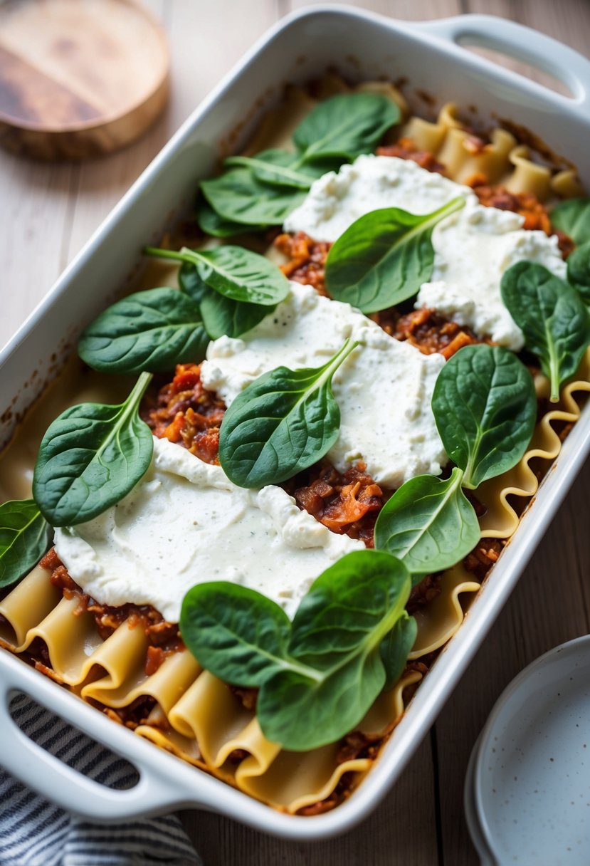 A colorful array of fresh spinach leaves and creamy ricotta cheese layered between sheets of lasagna noodles in a baking dish