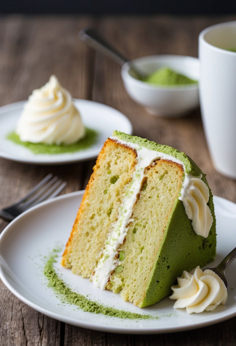 A slice of Lighter Matcha Pound Cake sits on a white plate with a dusting of matcha powder and a dollop of whipped cream on the side