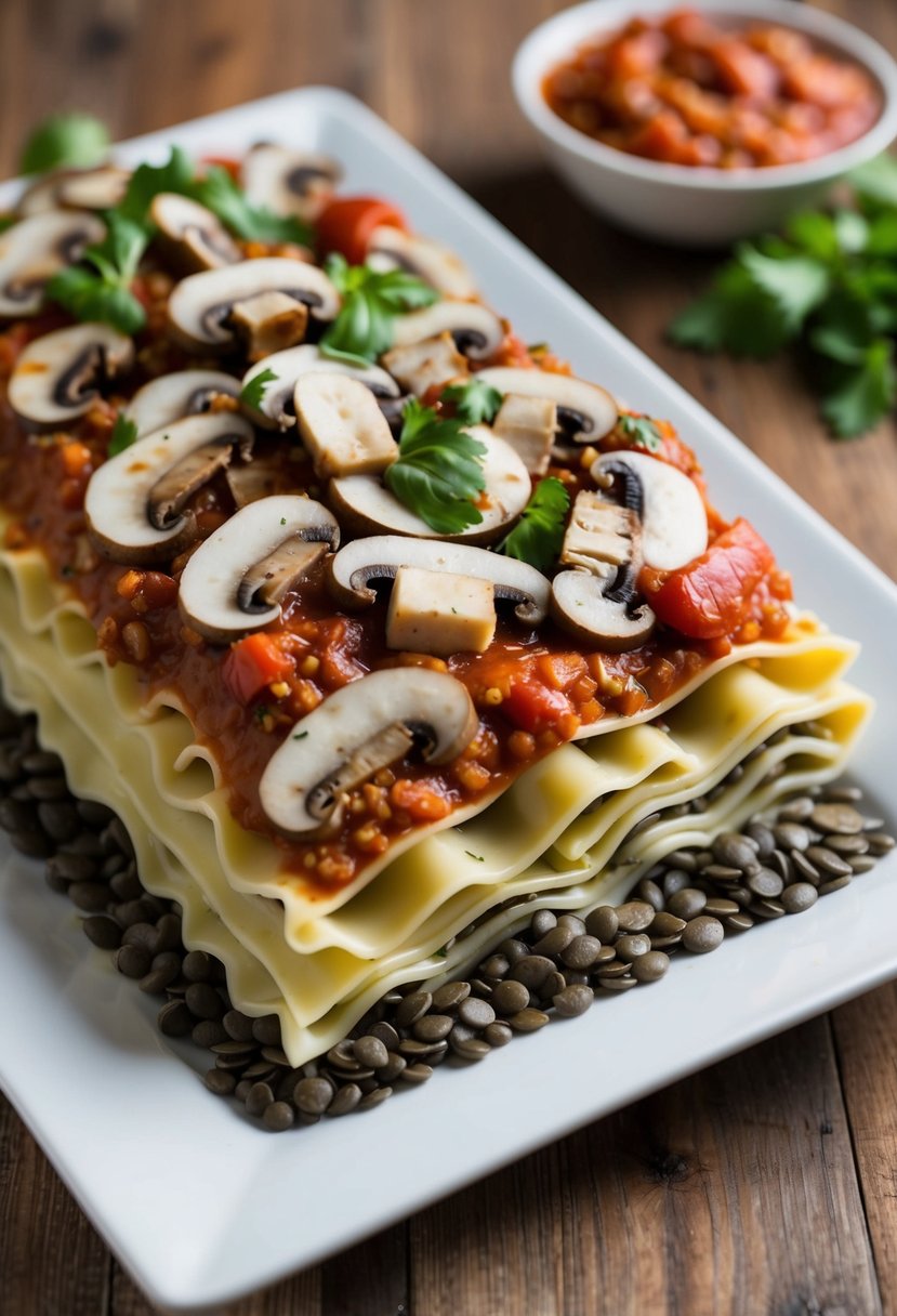 A colorful array of sliced mushrooms and lentils layered between sheets of lasagna noodles, topped with a rich tomato sauce and melted cheese